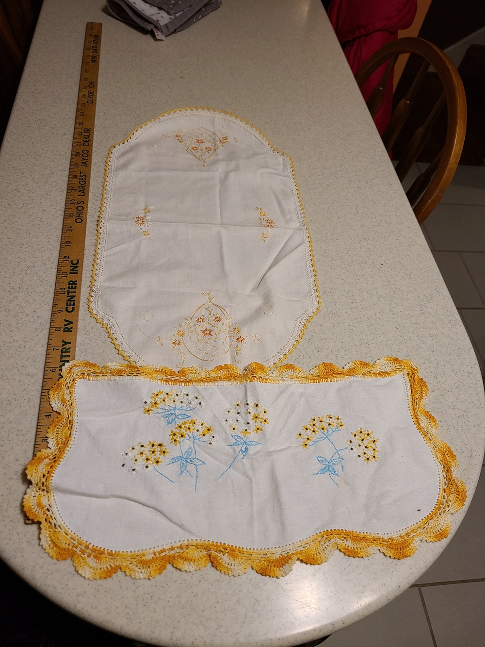 Vintage White Table Runners with Yellow Crochet Trim and Blue Floral Embroidery